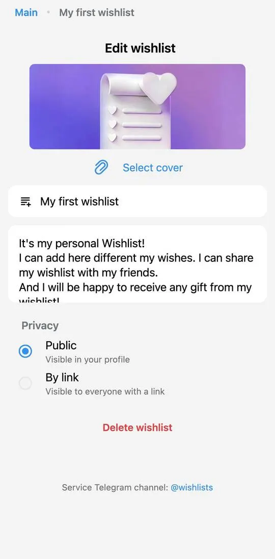 Wishlist App, screen 2