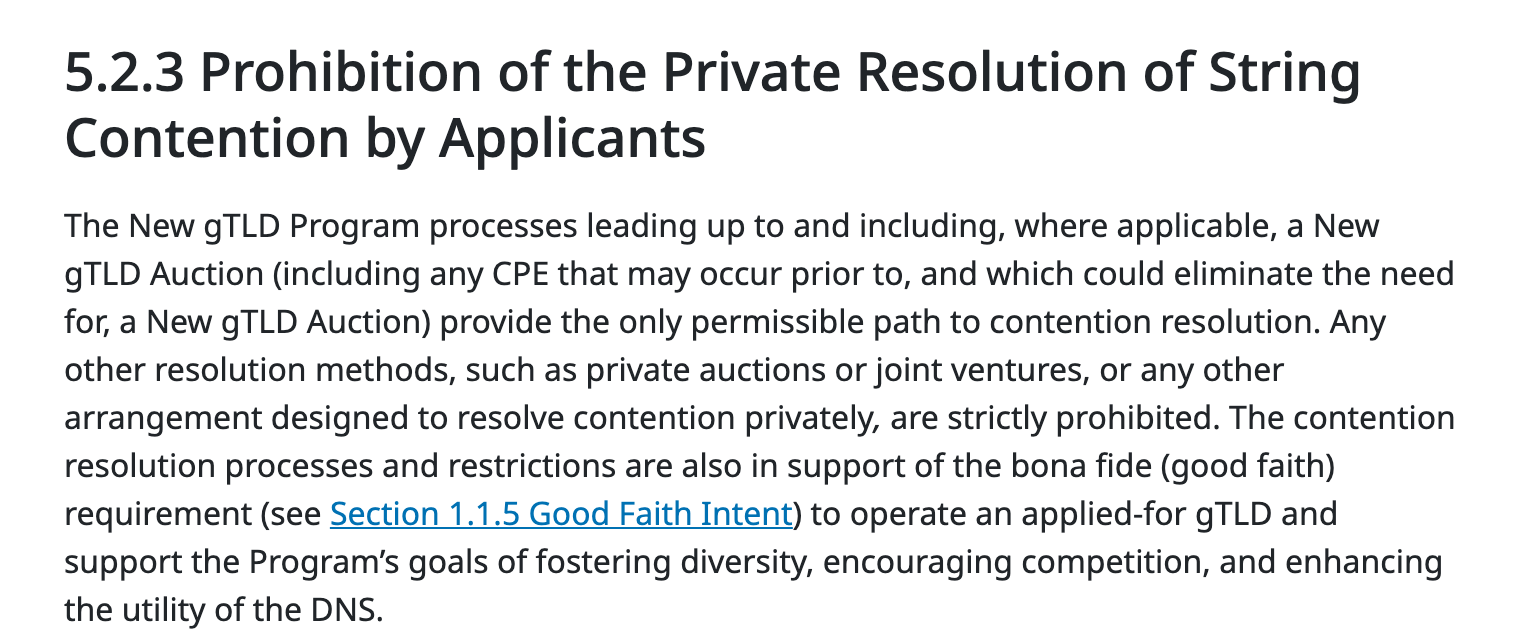 Applicant Guidebook section 5.2.3 on the prohibition of private agreements