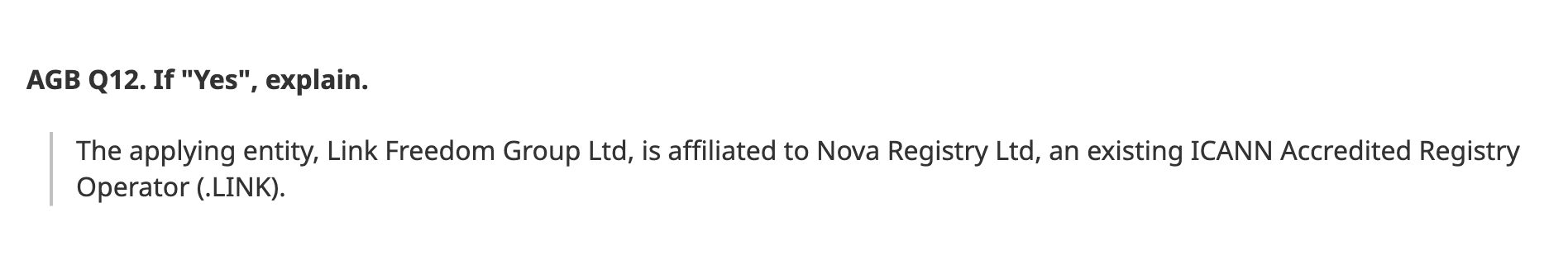 Link Freedom Group's answer about its connection to the .link operator