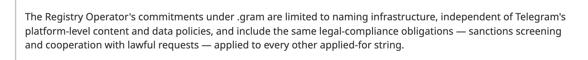 Telegram's answer to question 133 about registry commitments
