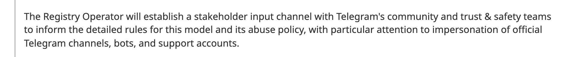 Telegram's answer to question 133 about impersonation of official accounts