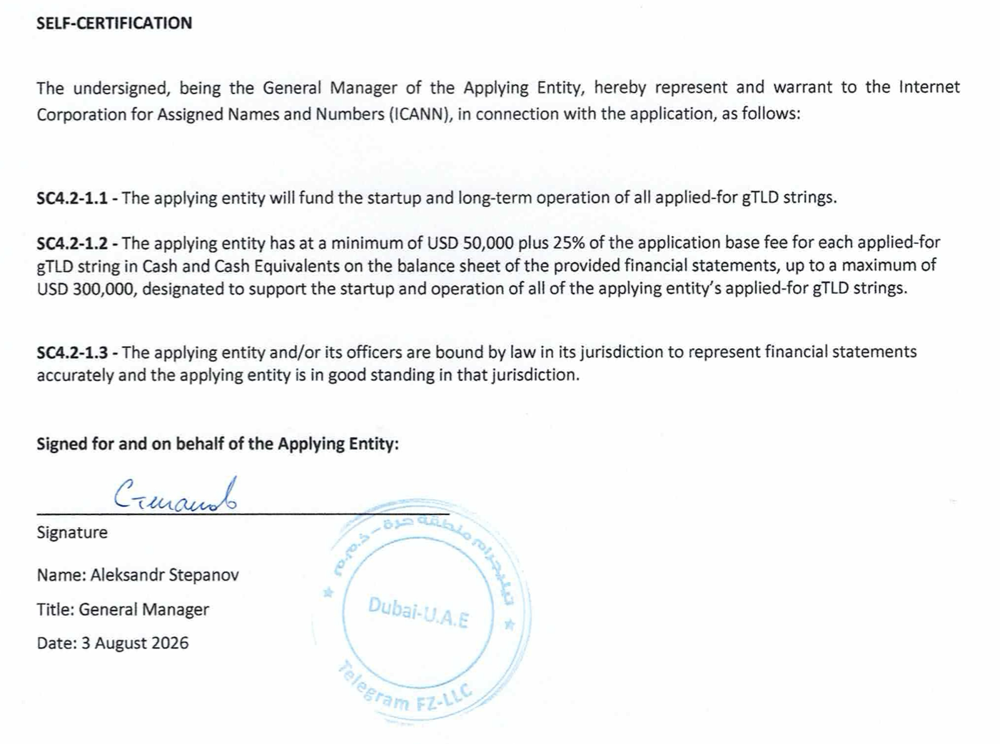 Telegram FZ-LLC's financial self-certification, signed by Aleksandr Stepanov on August 3, 2026