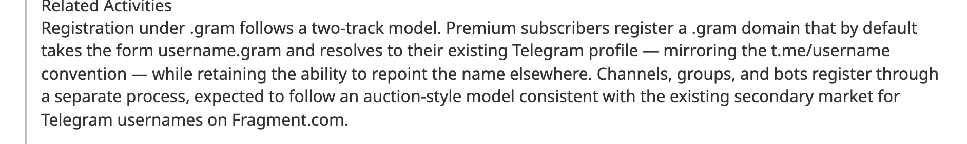 Telegram's answer to question 133, "Related Activities" paragraph