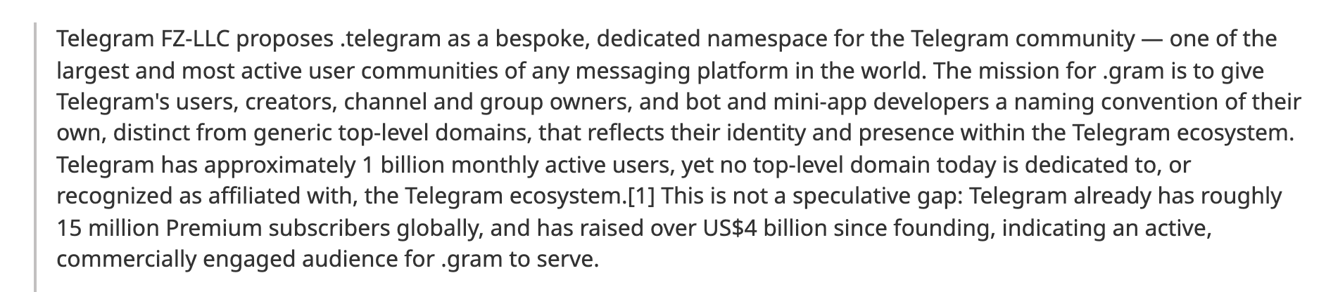Telegram's answer to question 133 in the replacement application for .telegram
