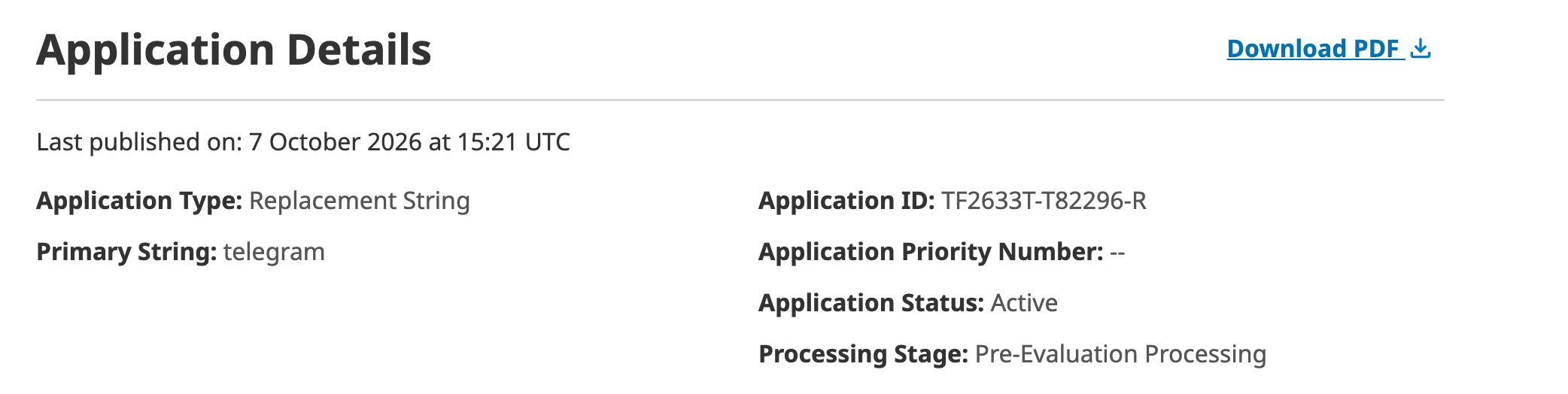 Telegram replacement application header: Replacement String, telegram