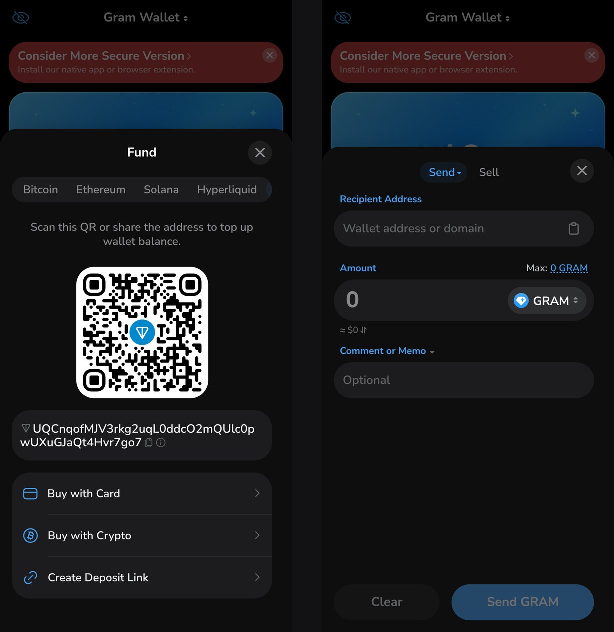 Экран пополнения с адресом и QR-кодом и форма отправки, веб-версия Gram Wallet