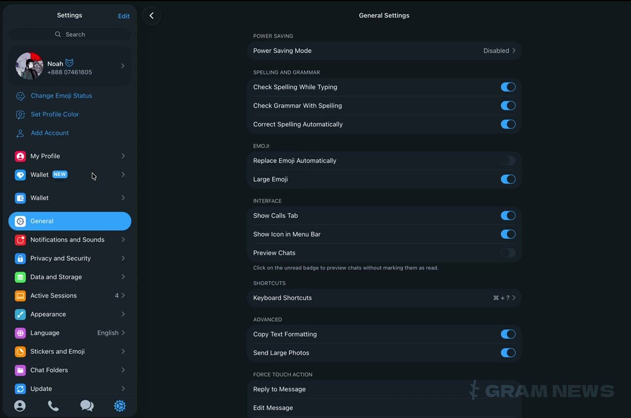 Telegram for macOS settings with the new Wallet entry