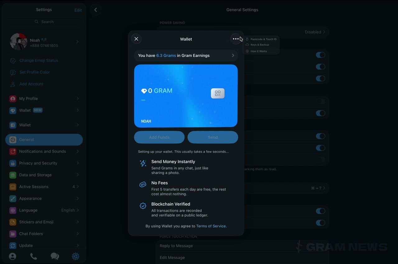Gram Wallet window in the Telegram for macOS beta