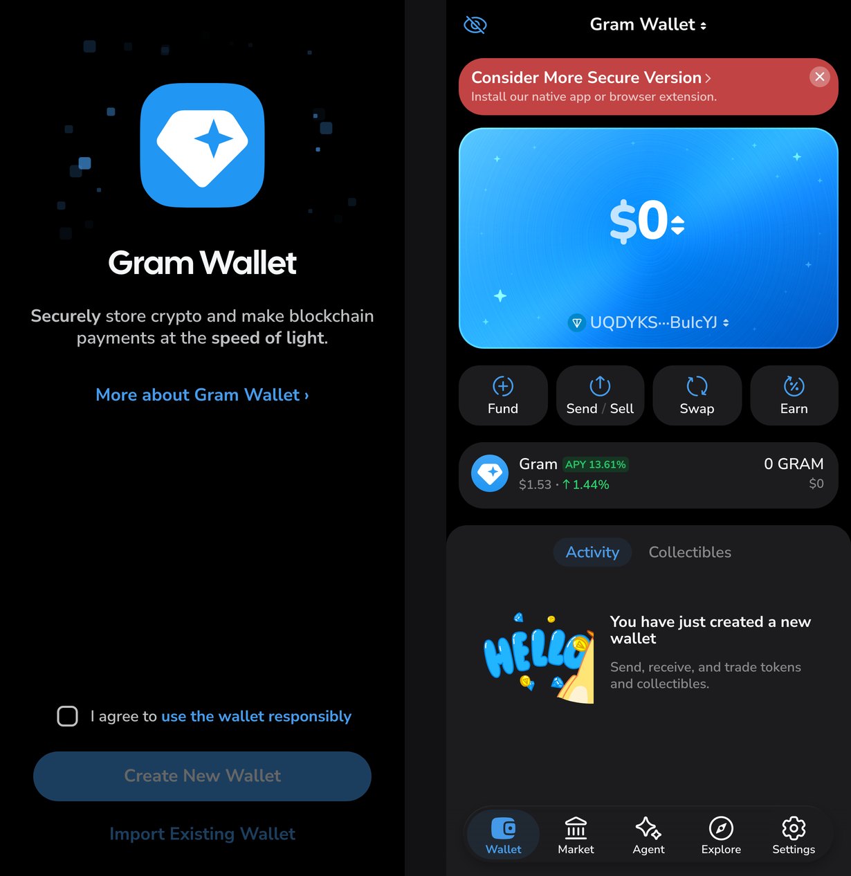 Стартовый экран Gram Wallet и главный экран нового кошелька, веб-версия на wallet.ton.org