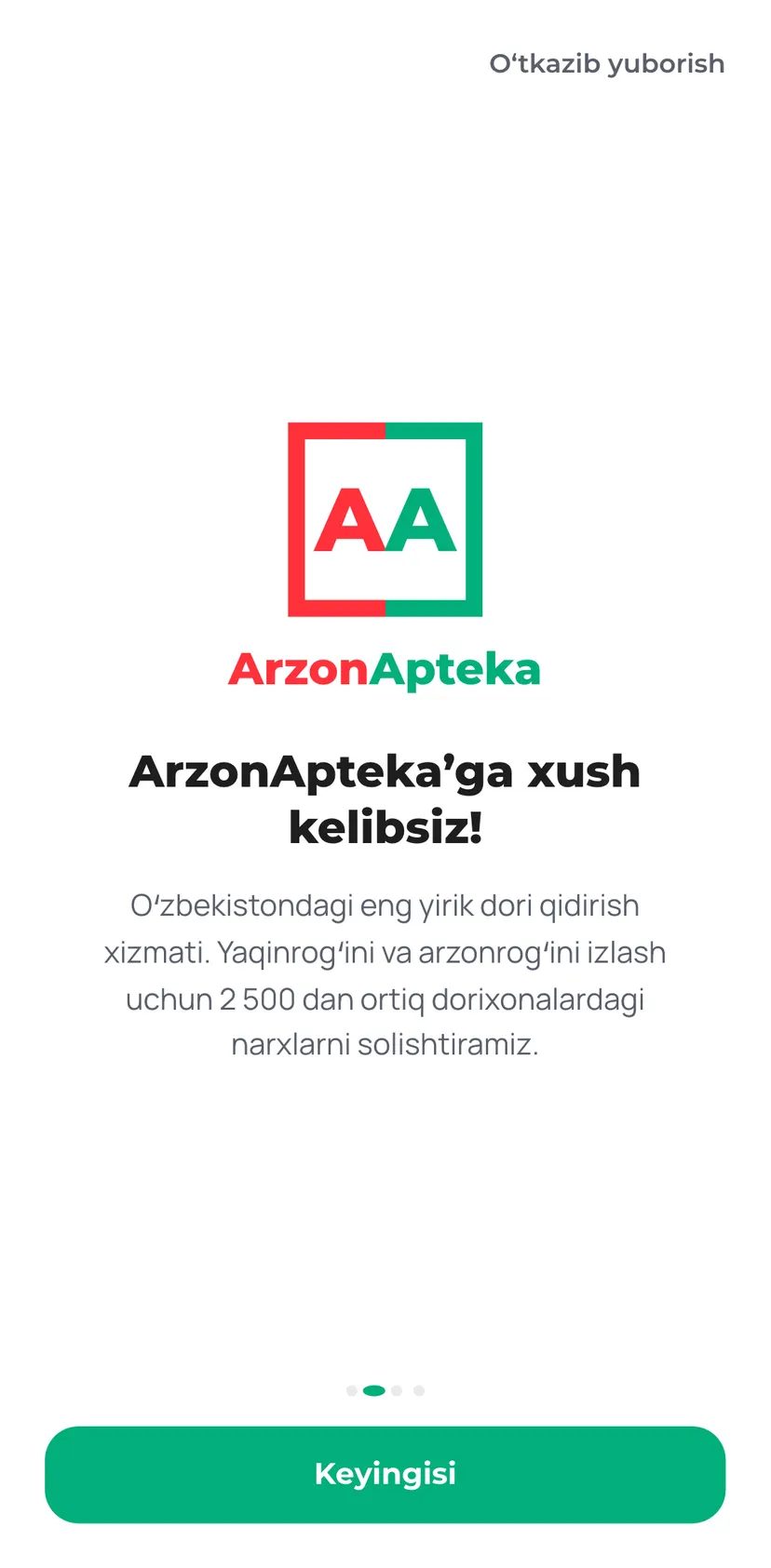 ArzonApteka Bot — раздел «Asosiy»: Oʻtkazib yuborish · A · Arzon · Apteka