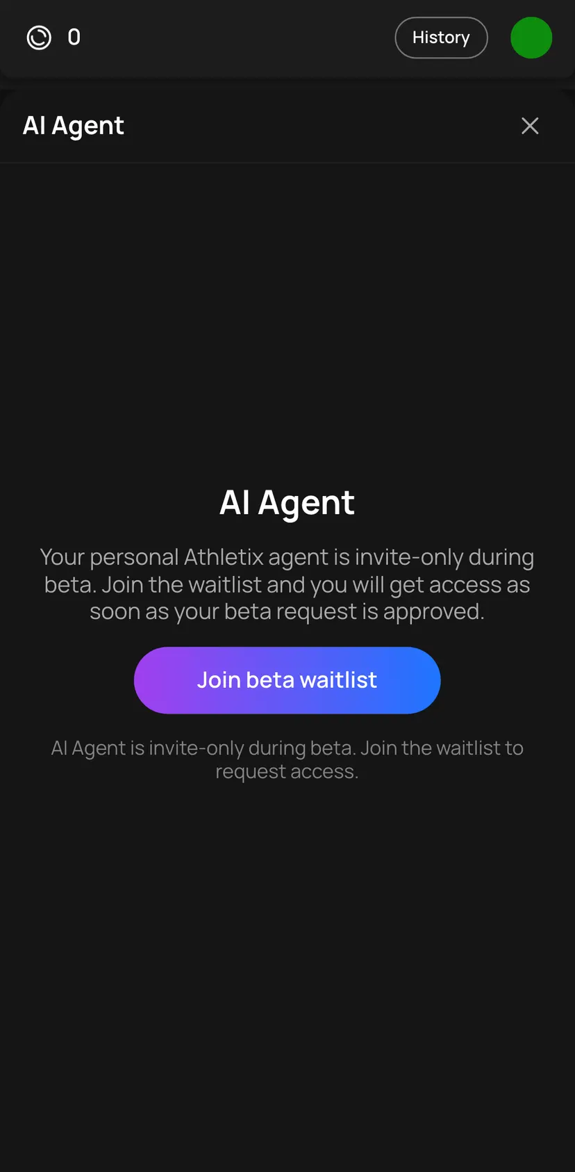Athletix — AI Agent section: AI Agent · Your personal Athletix agent is invite-only during beta. Join the waitlist and you…