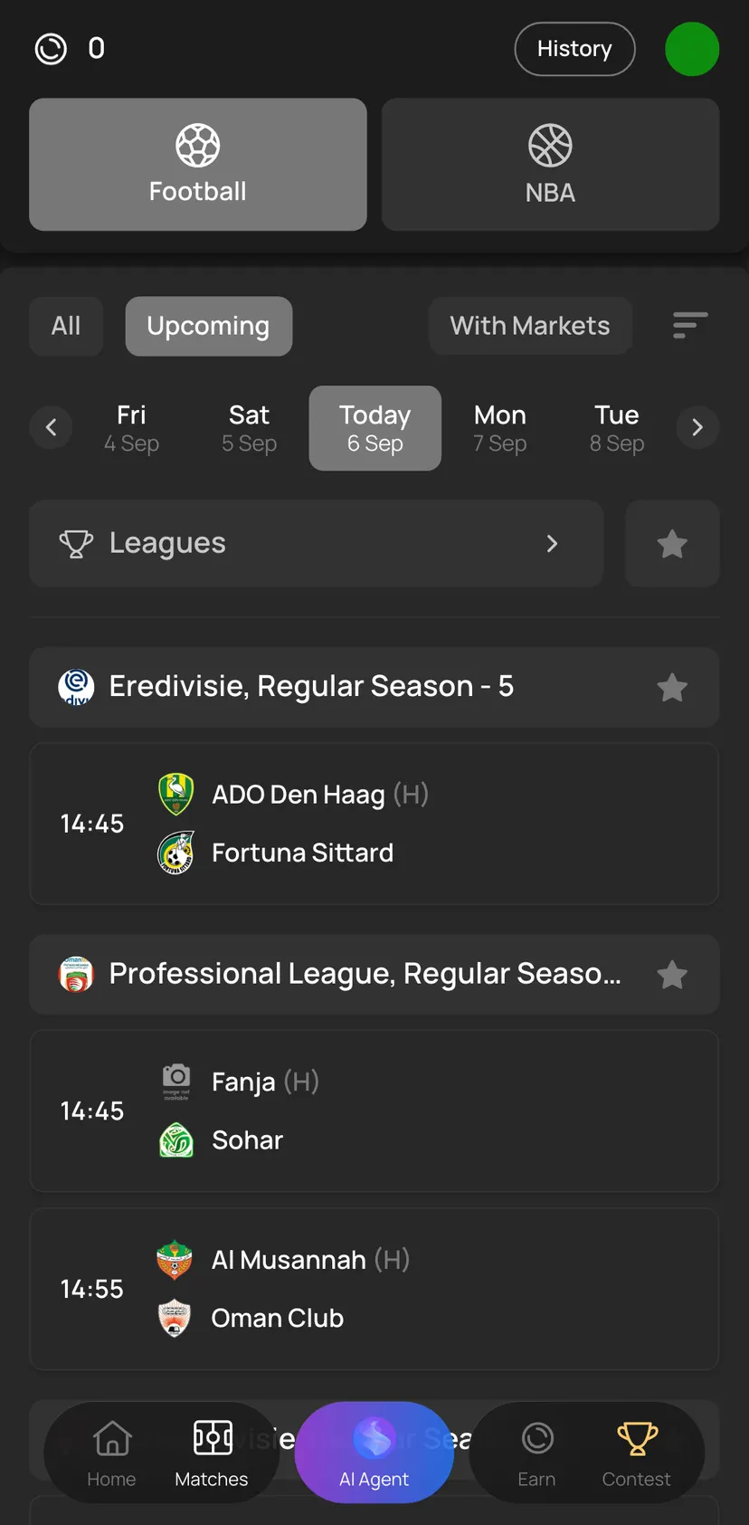 Athletix — Home Matches section: Football · NBA · With Markets · All