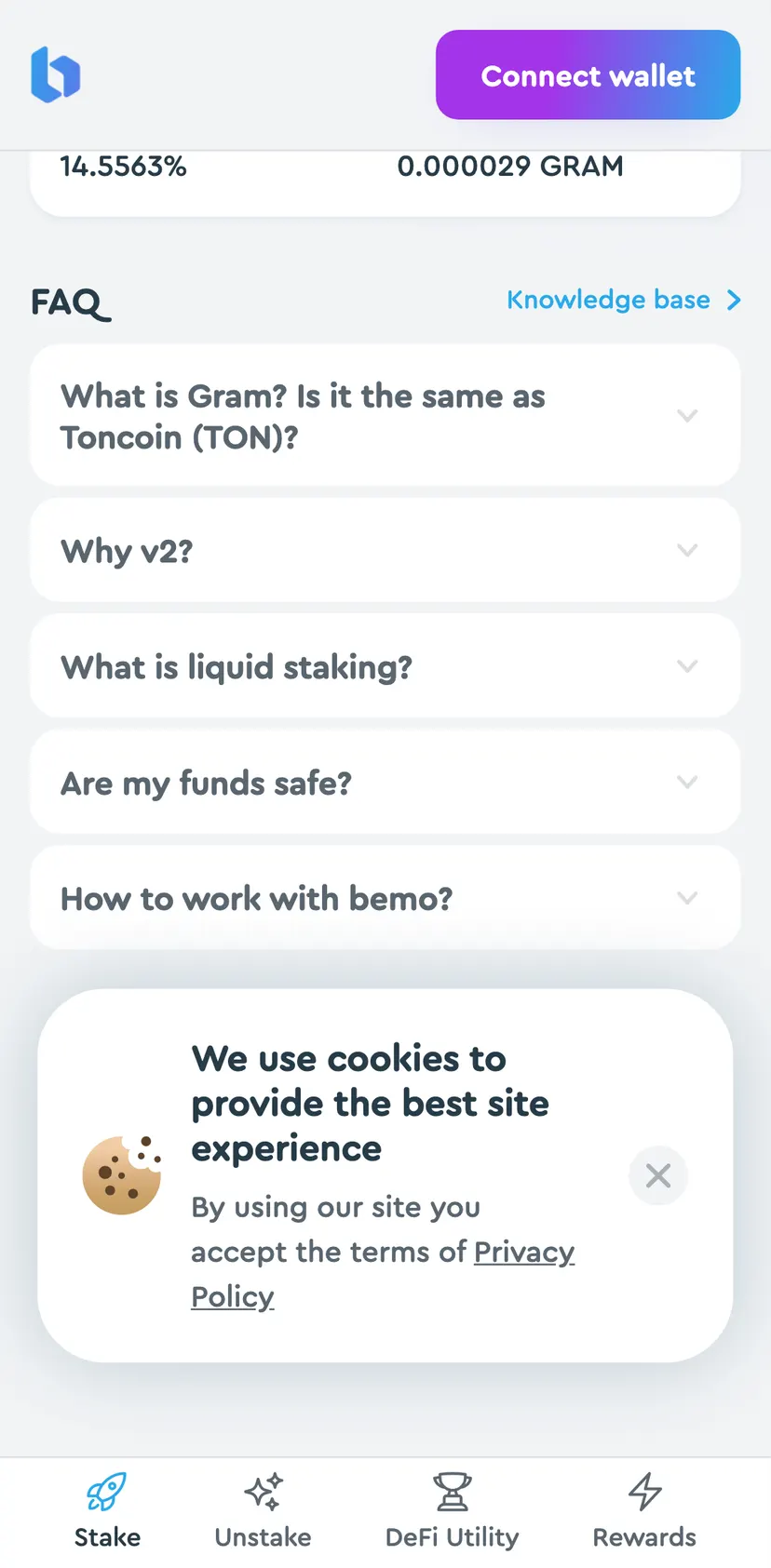 Bemo liquid staking — экран 2: TVL GRAM · GRAM price · 1,682,314.59 · 1.42 USD