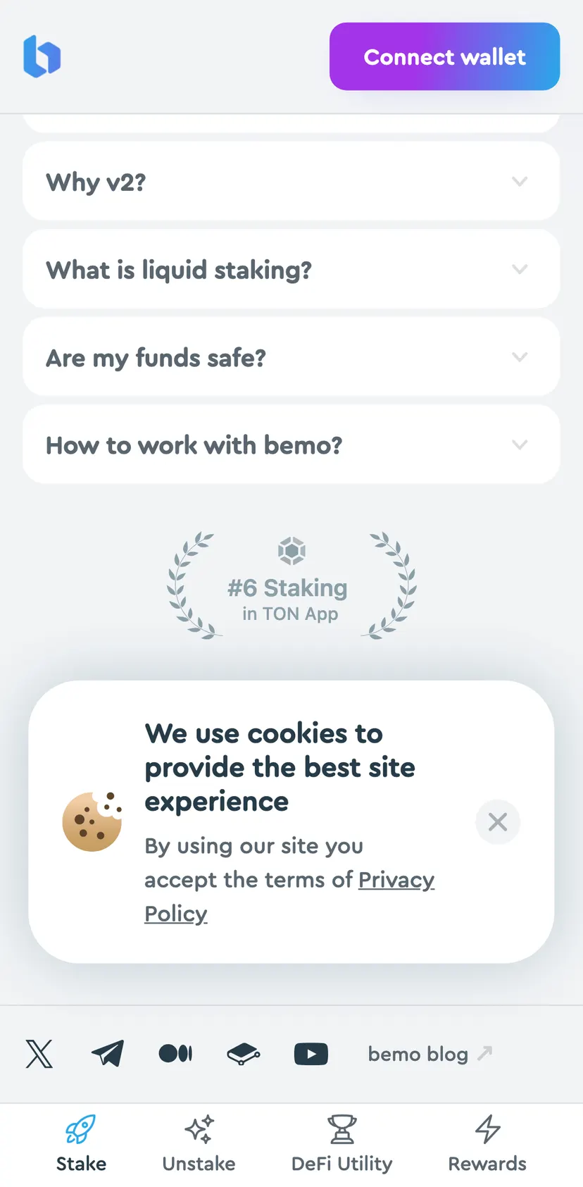 Bemo liquid staking — экран 3: FAQ · Knowledge base · What is Gram? Is it the same as Toncoin (TON)? · Gram is the native…