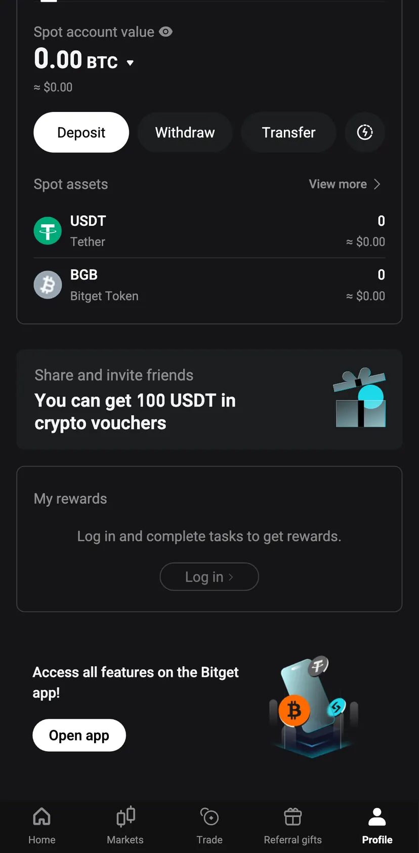 Bitget Wallet — screen 2: Spot account value · .00 · BTC · ≈ $0.00