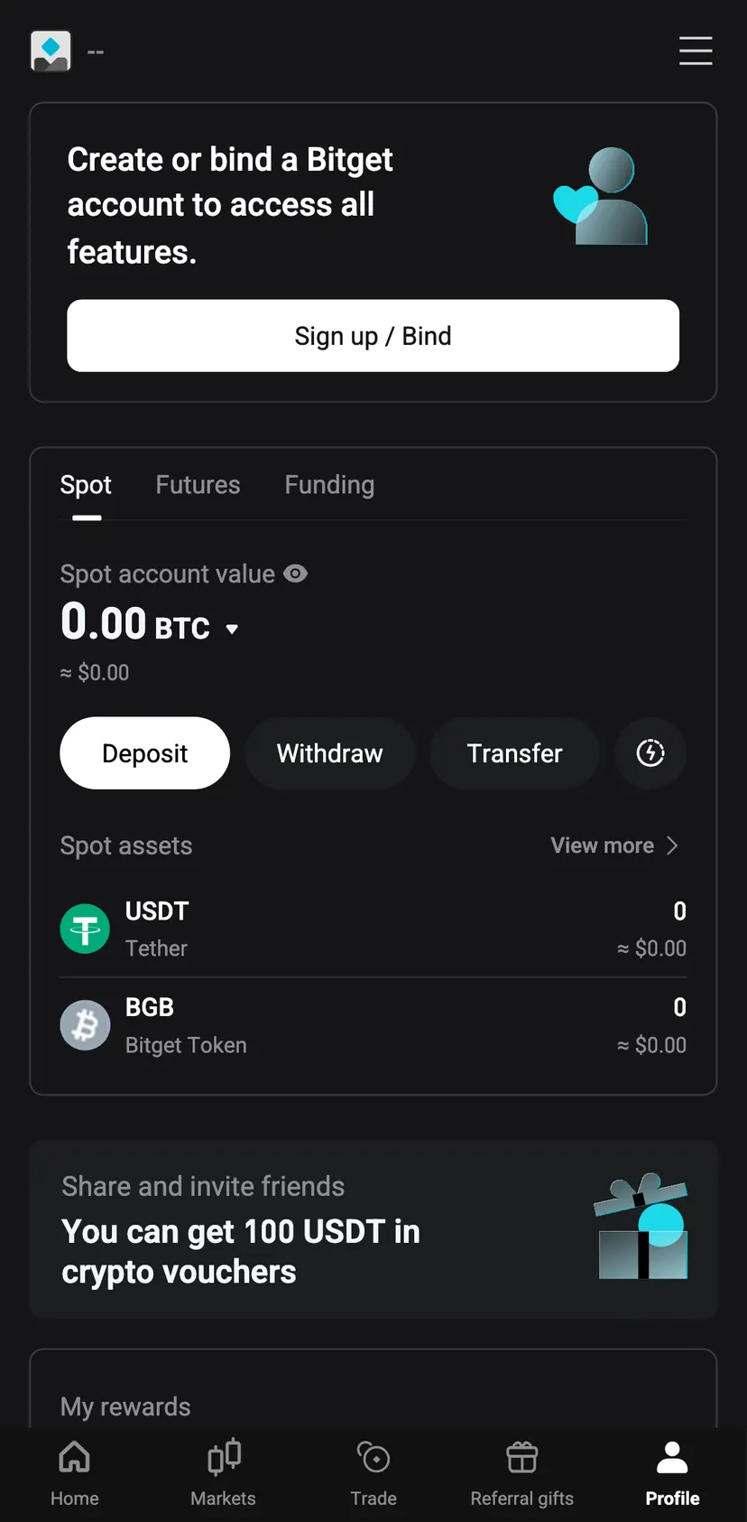 Bitget Wallet — Profile section: -- · Create or bind a Bitget account to access all features. · Sign up / Bind · Funding