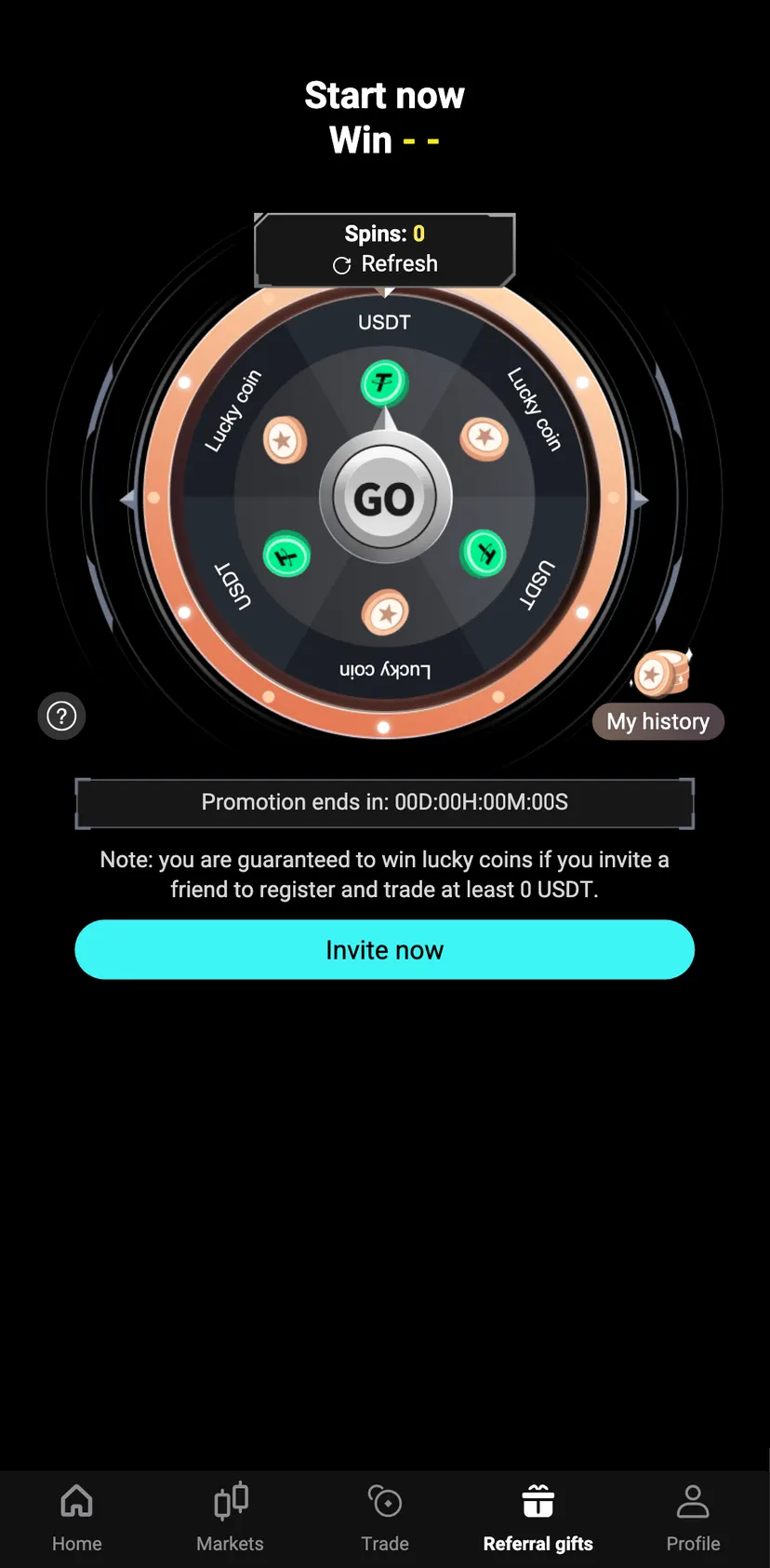 Bitget Wallet — Referral gifts section: Start now · Win · - - · 0