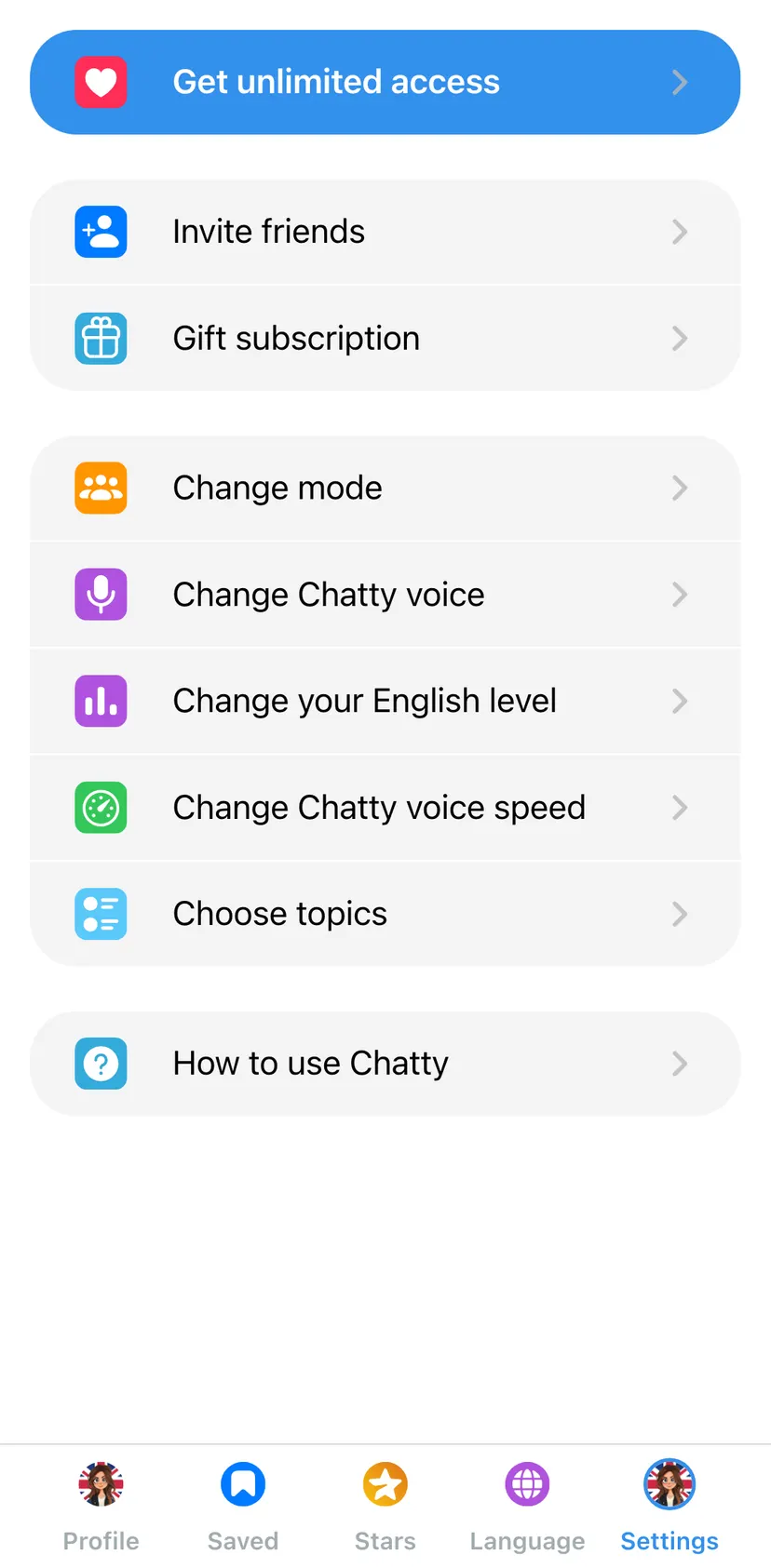 Chatty - English Tutor — Settings section: Get unlimited access · Invite friends · Gift subscription · Change mode