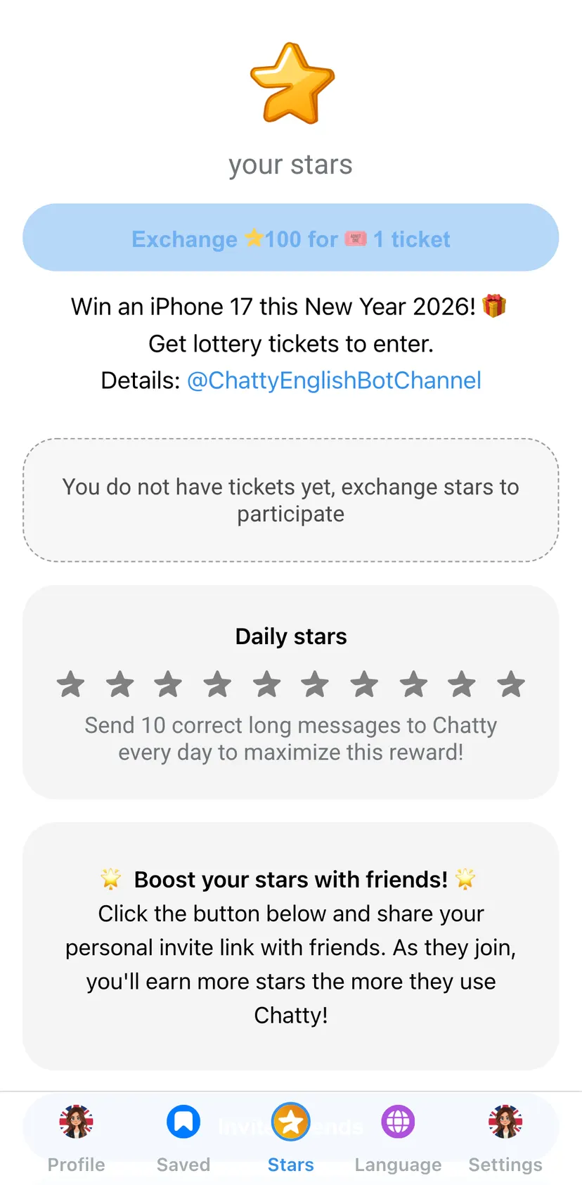 Chatty - English Tutor — Stars section: your stars · Exchange 100 for 🎟️1 ticket · Win an iPhone 17 this New Year 2026! 🎁…