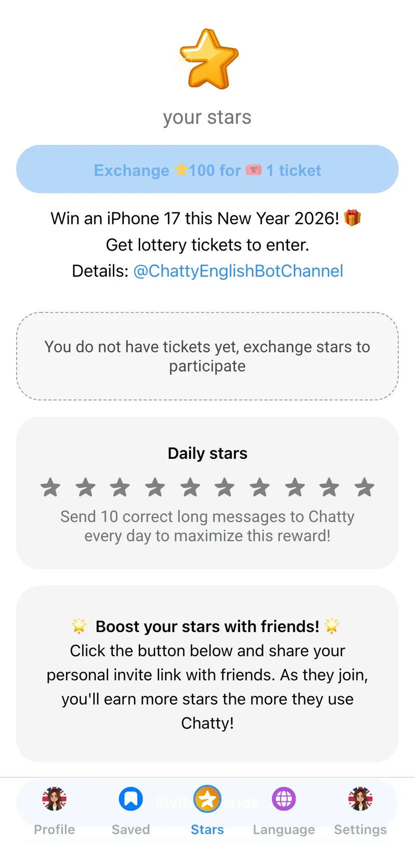 Chatty - English Tutor — Stars section: your stars · Exchange 100 for 🎟️1 ticket · Win an iPhone 17 this New Year 2026! 🎁…