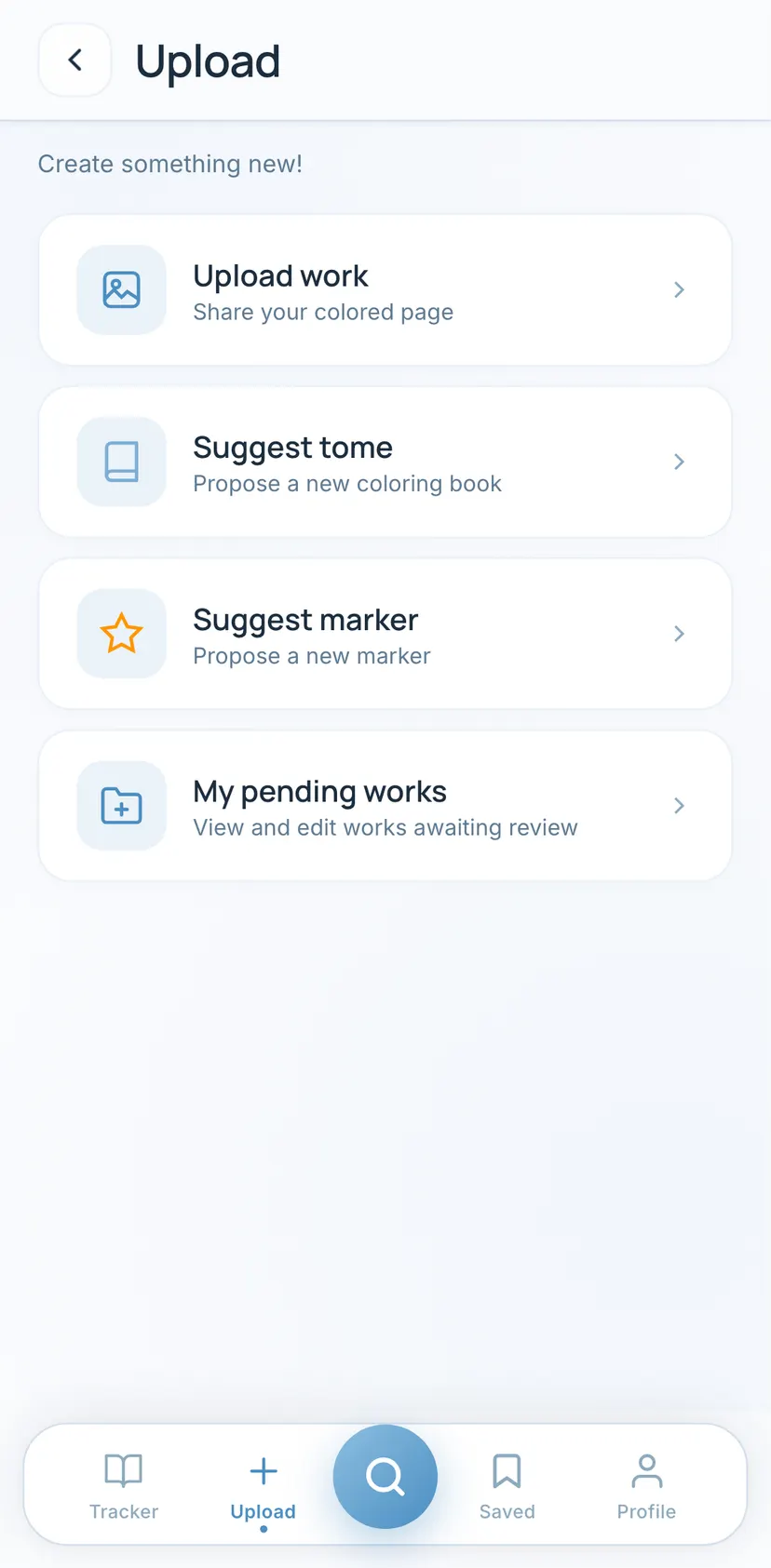 Coloring Codes — Upload section: Upload · Create something new! · Upload work · Share your colored page