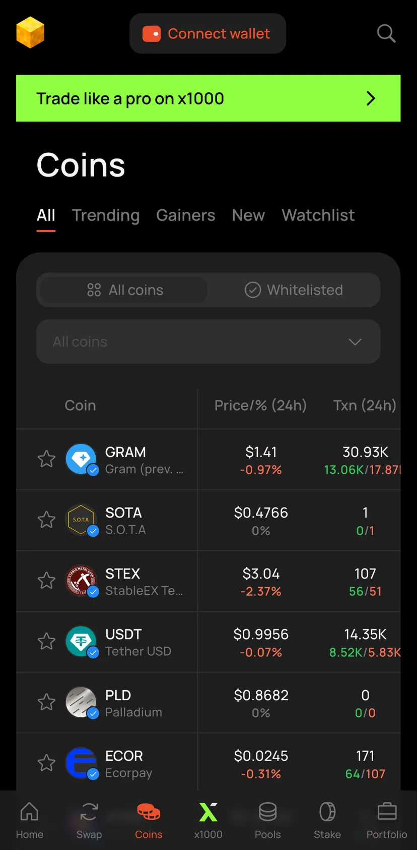 DeDust.io — Coins section: Coins · All · Trending · Gainers