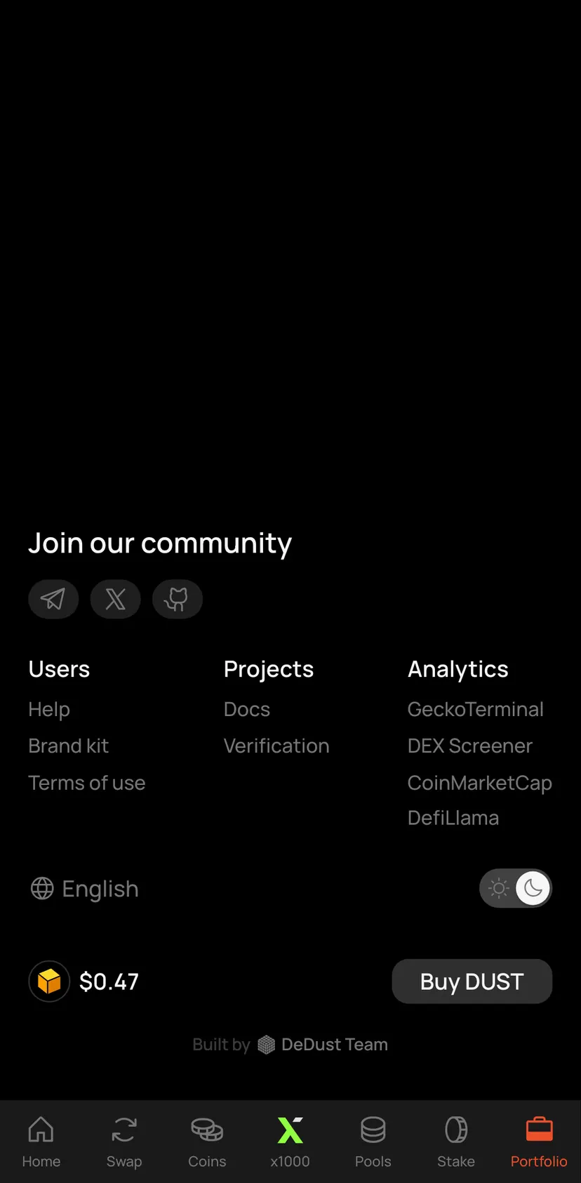 DeDust.io — screen 2: Join our community · Users · Projects · Analytics