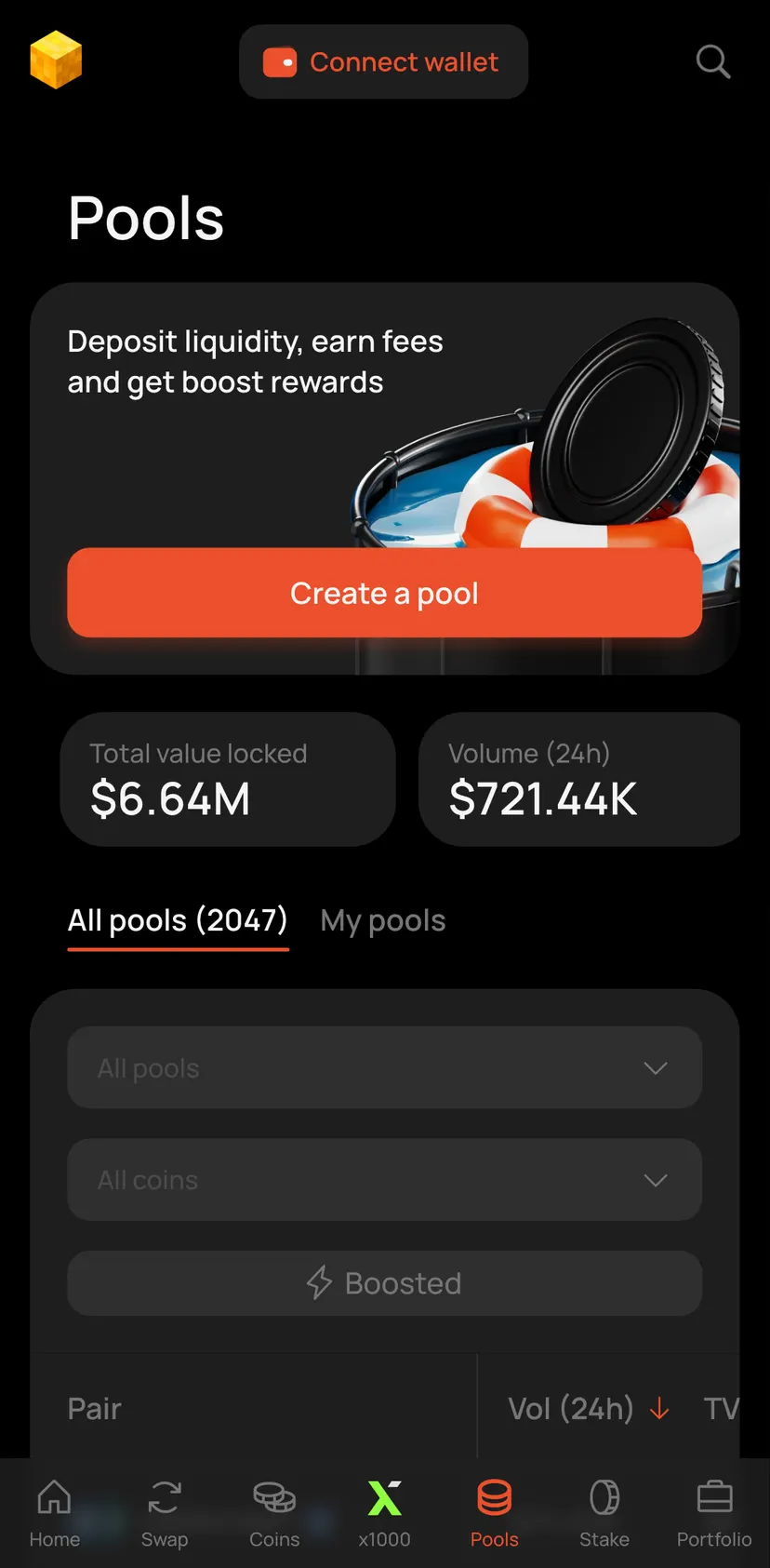 DeDust.io — Pools section: Pools · Deposit liquidity, earn fees and get boost rewards · Create a pool · Total value locked