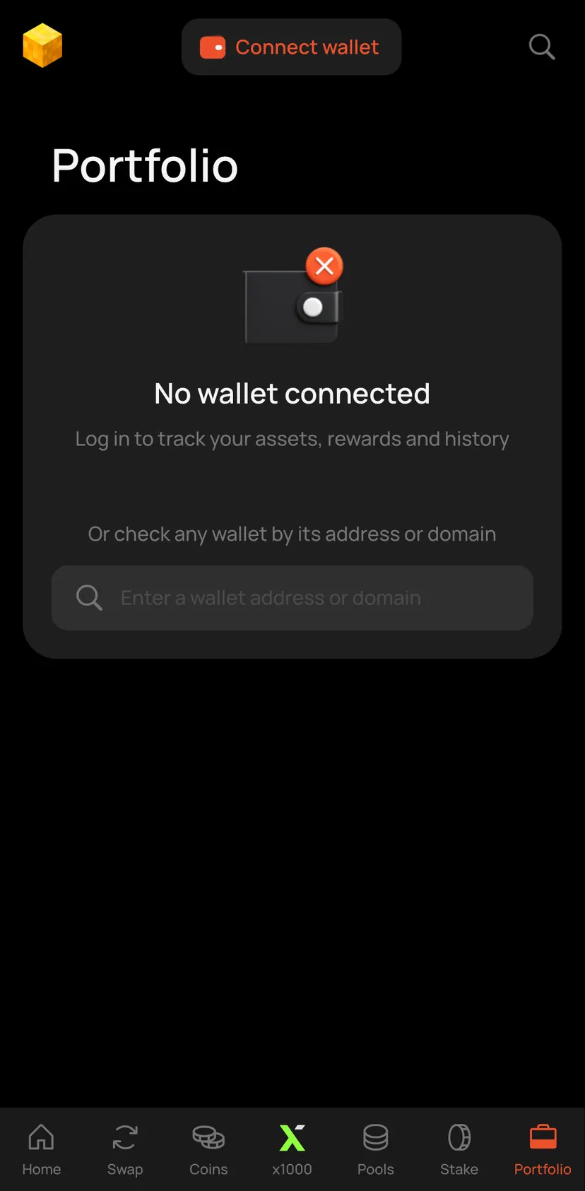 DeDust.io — Portfolio section: Portfolio · No wallet connected · Log in to track your assets, rewards and history · Or…