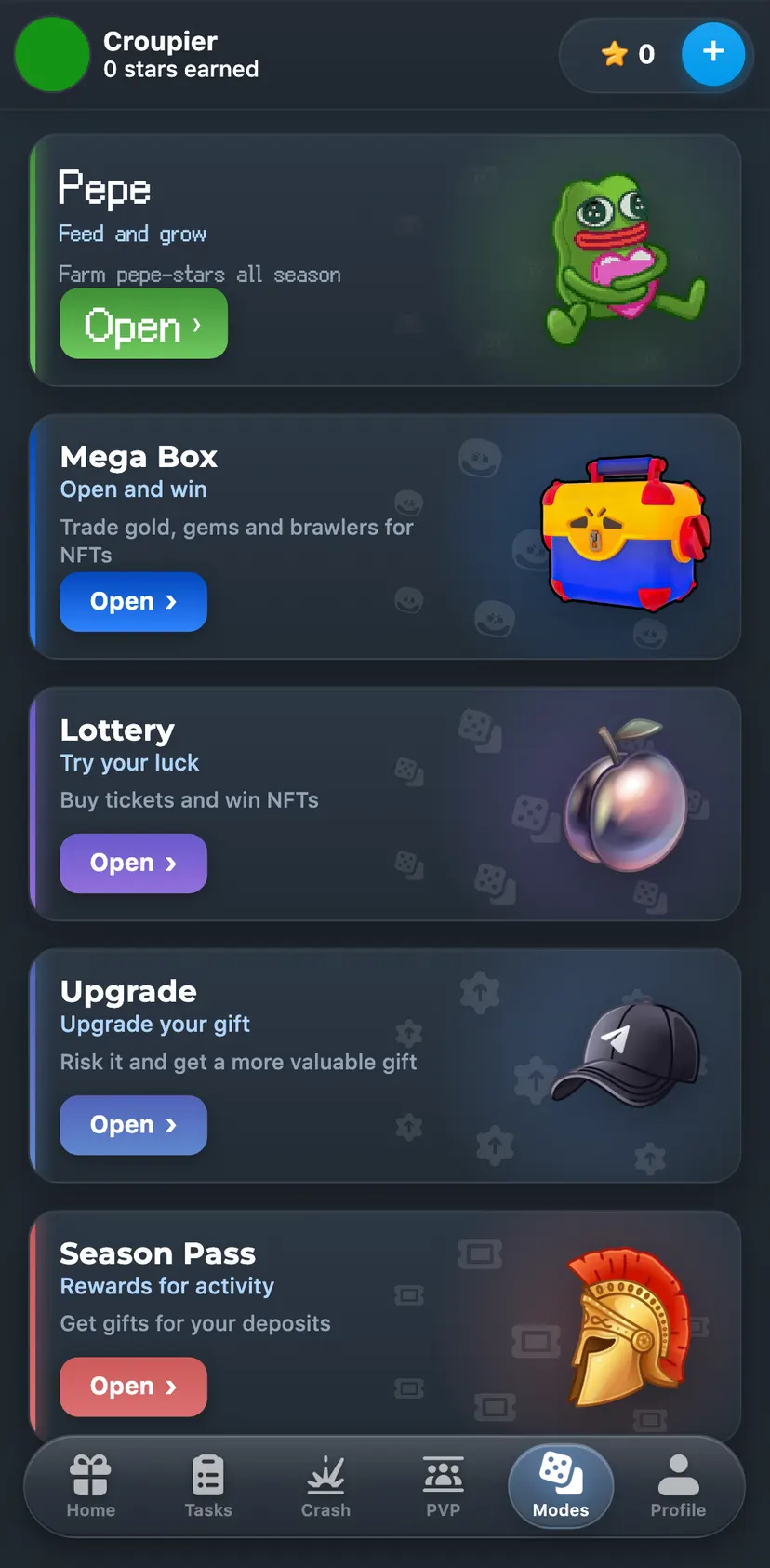 Easy Gift — Modes section: Pepe · Feed and grow · Farm pepe-stars all season · Open