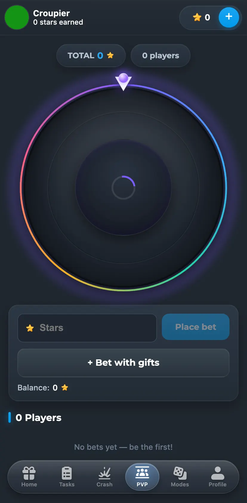 Easy Gift — PVP section: TOTAL · 0 players · Place bet · + Bet with gifts