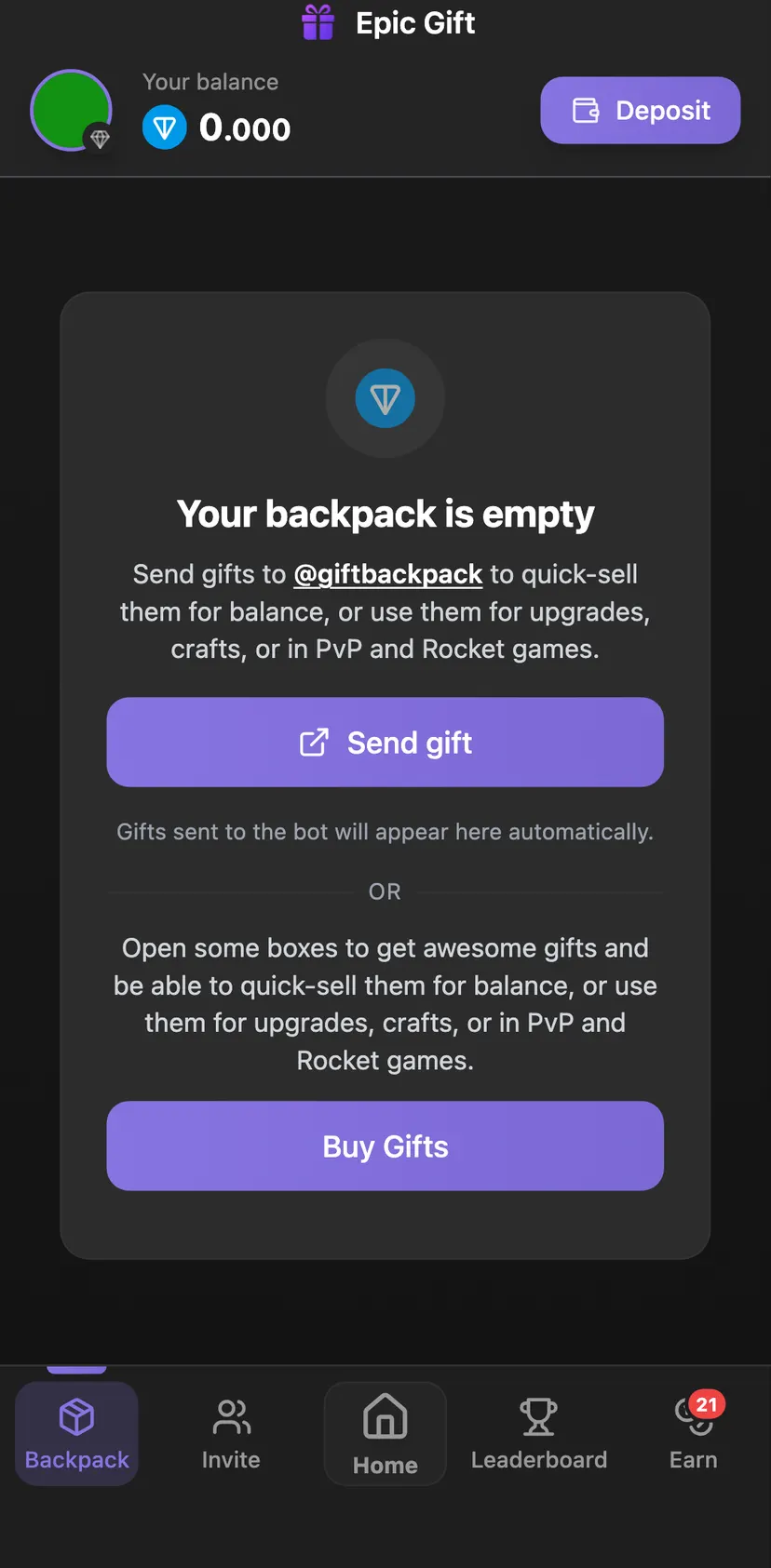 Epic Gift — Backpack section: . 000 · Your Gifts · Your backpack is empty · Send gifts to to quick-sell them for balance…