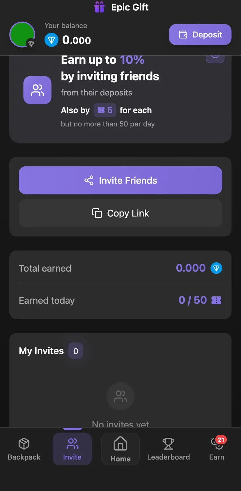 Epic Gift — Invite section: Earn up to · 10% · by inviting friends · from their deposits