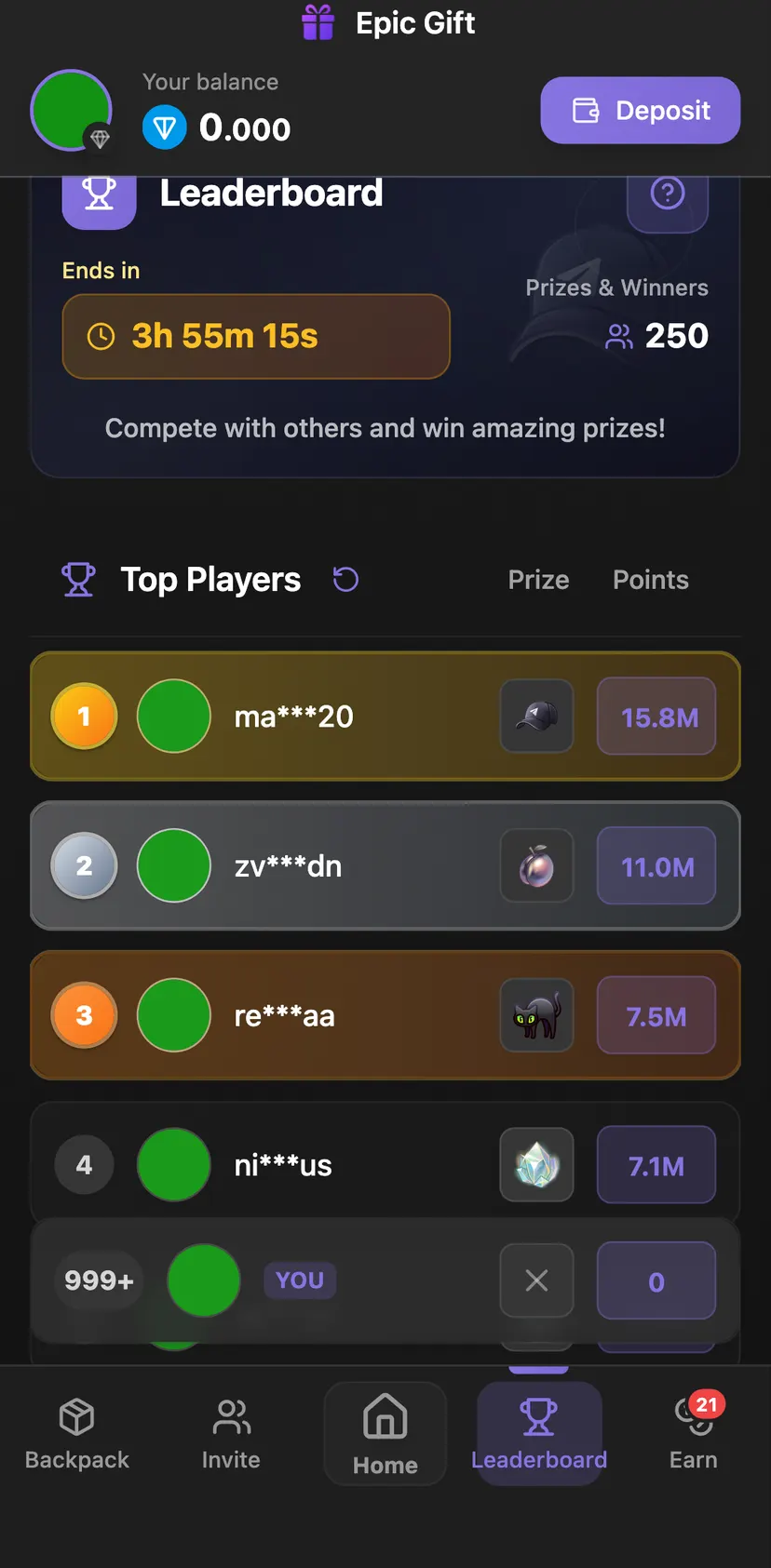 Epic Gift — Leaderboard section: Leaderboard · Ends in · Prizes & Winners · 3h 55m 14s