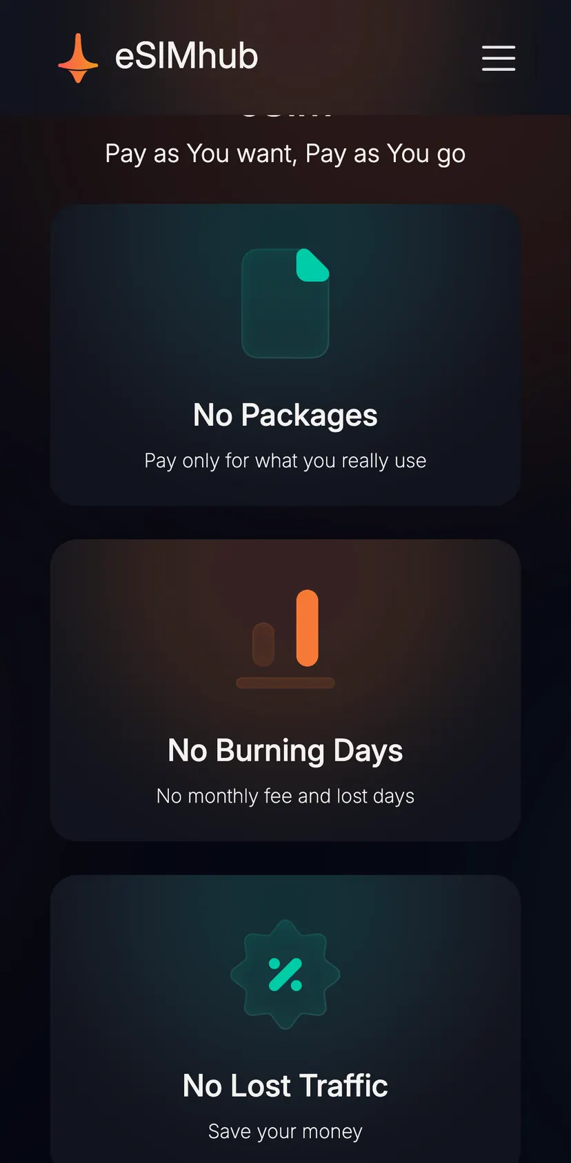 eSIMhub Bot — screen 2: Advantages of using an eSIM · Pay as You want, Pay as You go · No Packages · Pay only for what you…