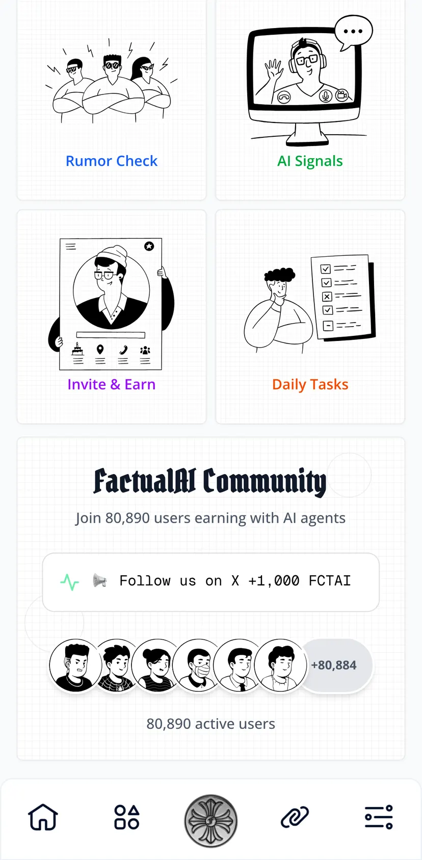 FactualAI — screen 2: Rumor Check · AI Signals · Invite & Earn · Daily Tasks