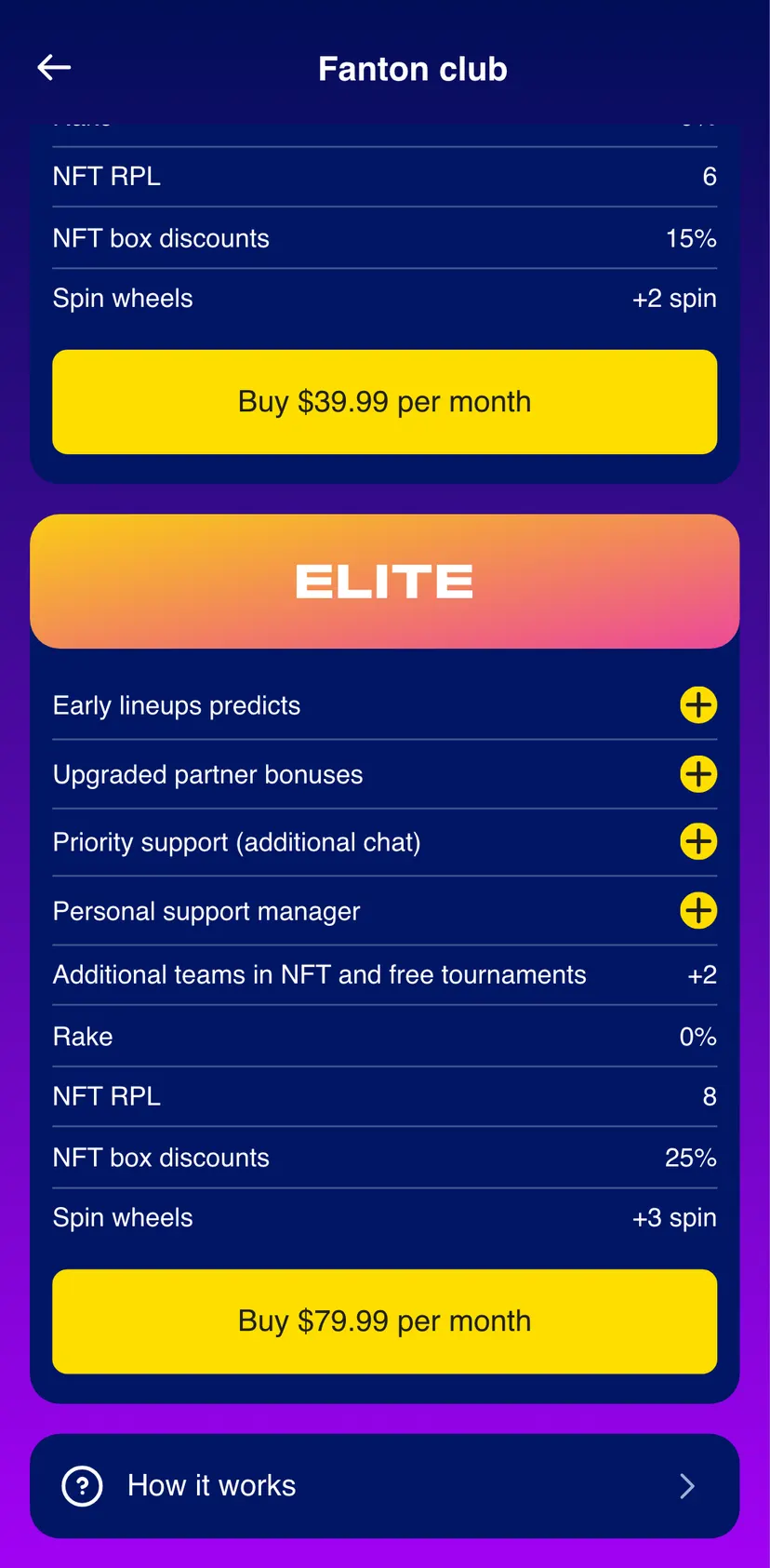 Fanton Fantasy Football — экран 3: Rake · 0% · NFT RPL · 6