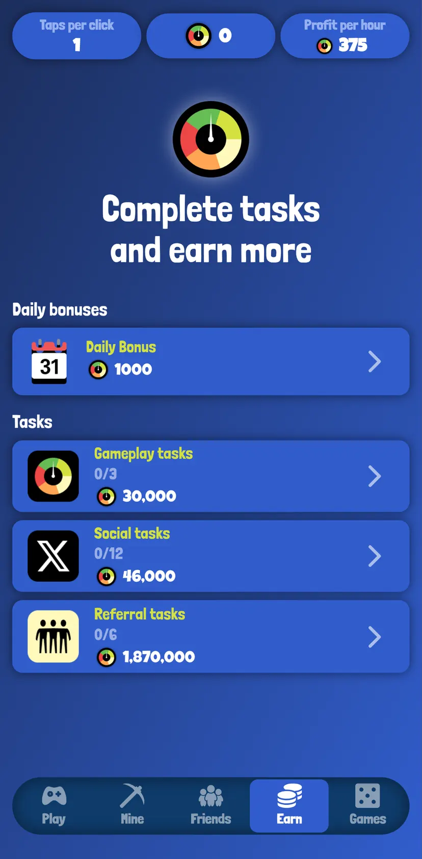Fear or Greed App — Earn section: Complete tasks and earn more · Daily bonuses · Daily Bonus · 1000