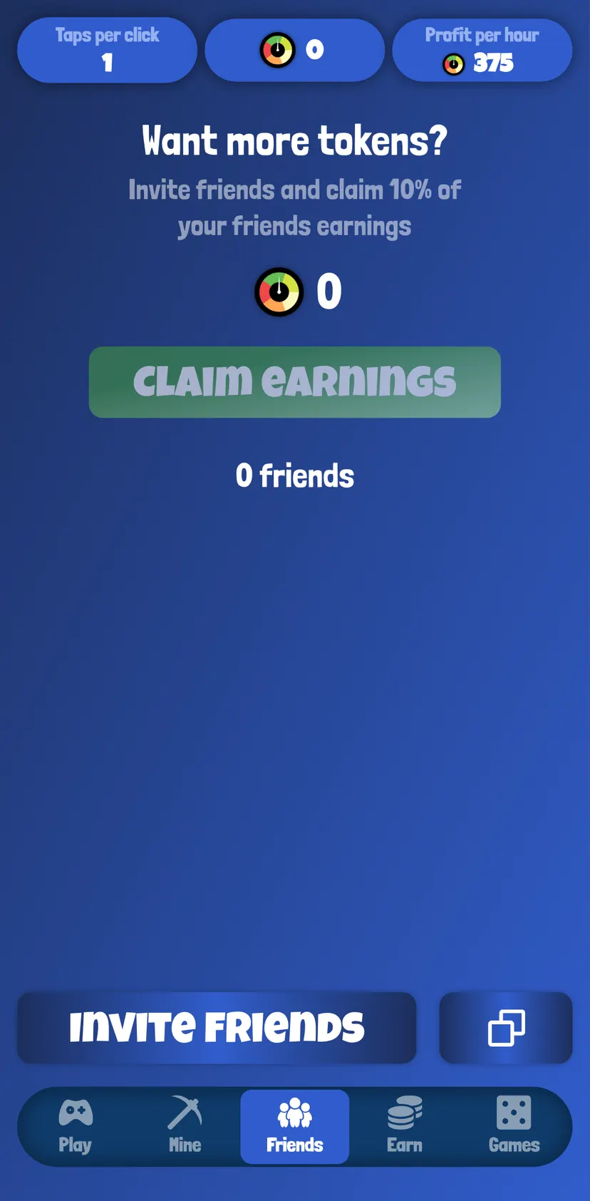 Fear or Greed App — Friends section: Want more tokens? · Invite friends and claim 10% of your friends earnings · Claim…