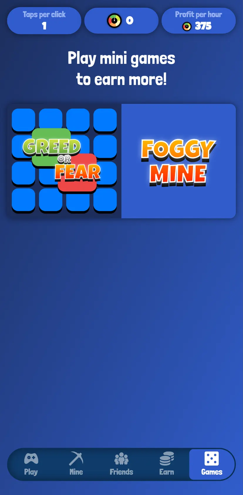 Fear or Greed App — Games section: Play mini games to earn more! · Friends · Earn · Games