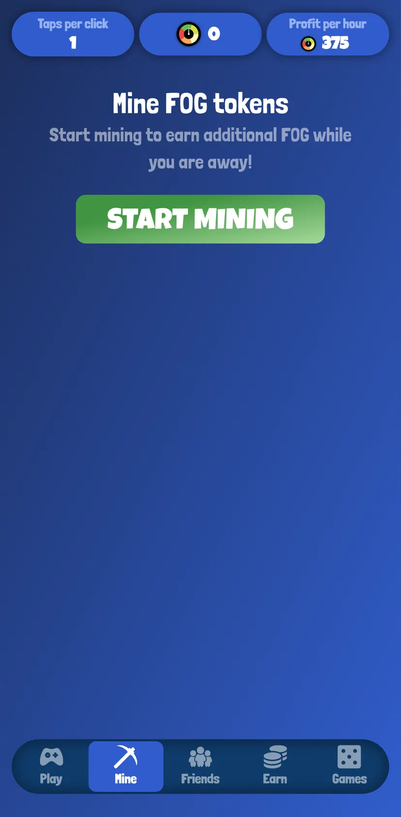 Fear or Greed App — Mine section: Mine FOG tokens · Start mining to earn additional FOG while you are away! · START MINING…