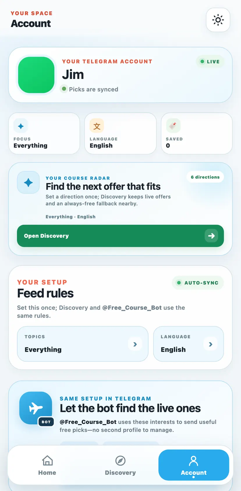Free Courses — Account section: Your space · Account · Live · Your Telegram account