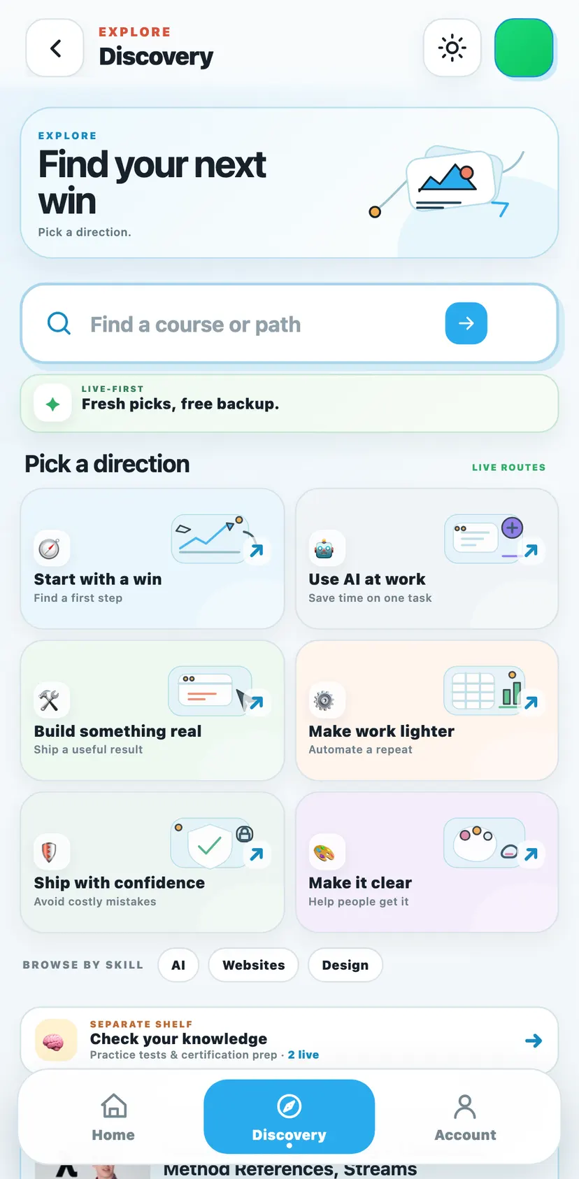 Free Courses — Discovery section: Explore · Discovery · Find your next win · Pick a direction.