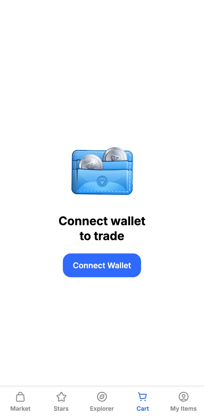 Getgems: Buy and Sell Gifts — Cart section: Connect wallet to trade · Connect Wallet · Market · Explorer