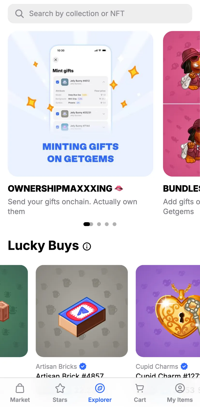 Getgems: Buy and Sell Gifts — Explorer section: OWNERSHIPMAXXXING 🫦 · Send your gifts onchain. Actually own them · Add…