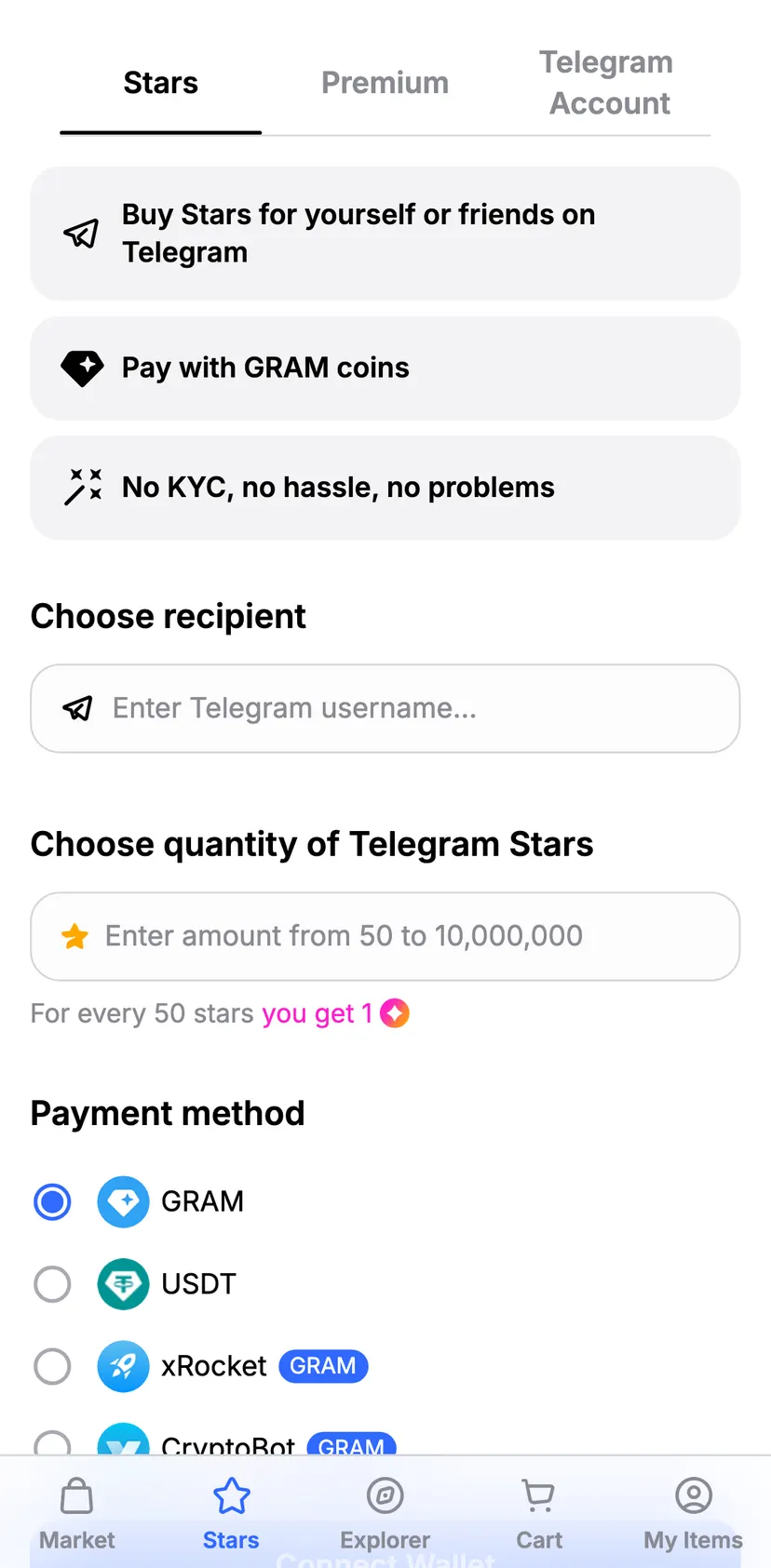 Getgems: Buy and Sell Gifts — Stars section: Telegram Account · Stars · Premium · Buy Stars for yourself or friends on…