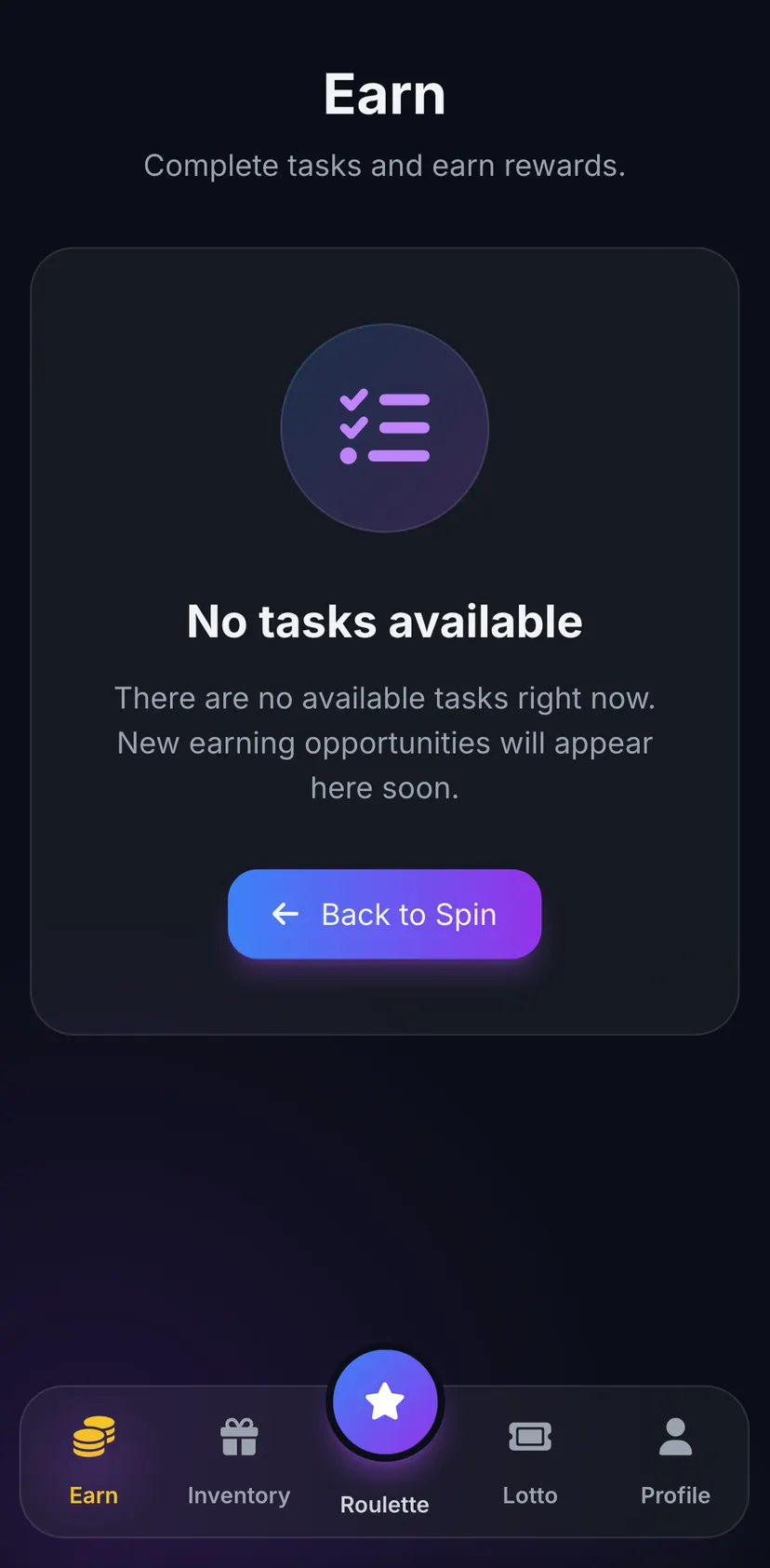 Gift Bank — Earn section: Earn · Complete tasks and earn rewards. · No tasks available · There are no available tasks right…