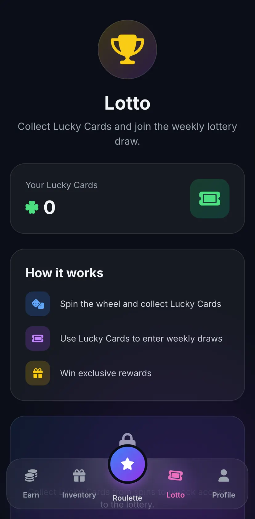 Gift Bank — Lotto section: Collect Lucky Cards and join the weekly lottery draw. · Your Lucky Cards · 0 · How it works