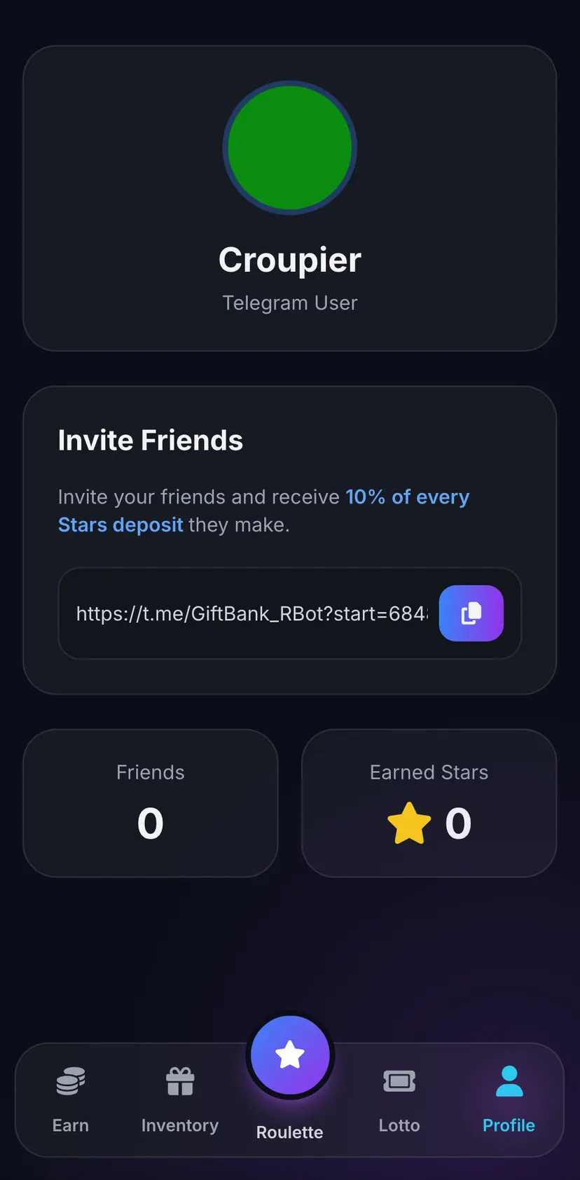 Gift Bank — Profile section: Croupier · Telegram User · Invite Friends · Invite your friends and receive they make.