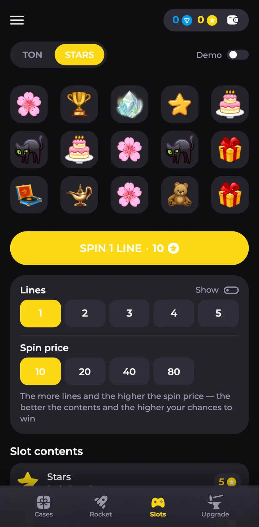 Gift Spinner | Free Daily Gifts 🎁 — Slots section: TON · STARS · Demo · SPIN 1 LINE